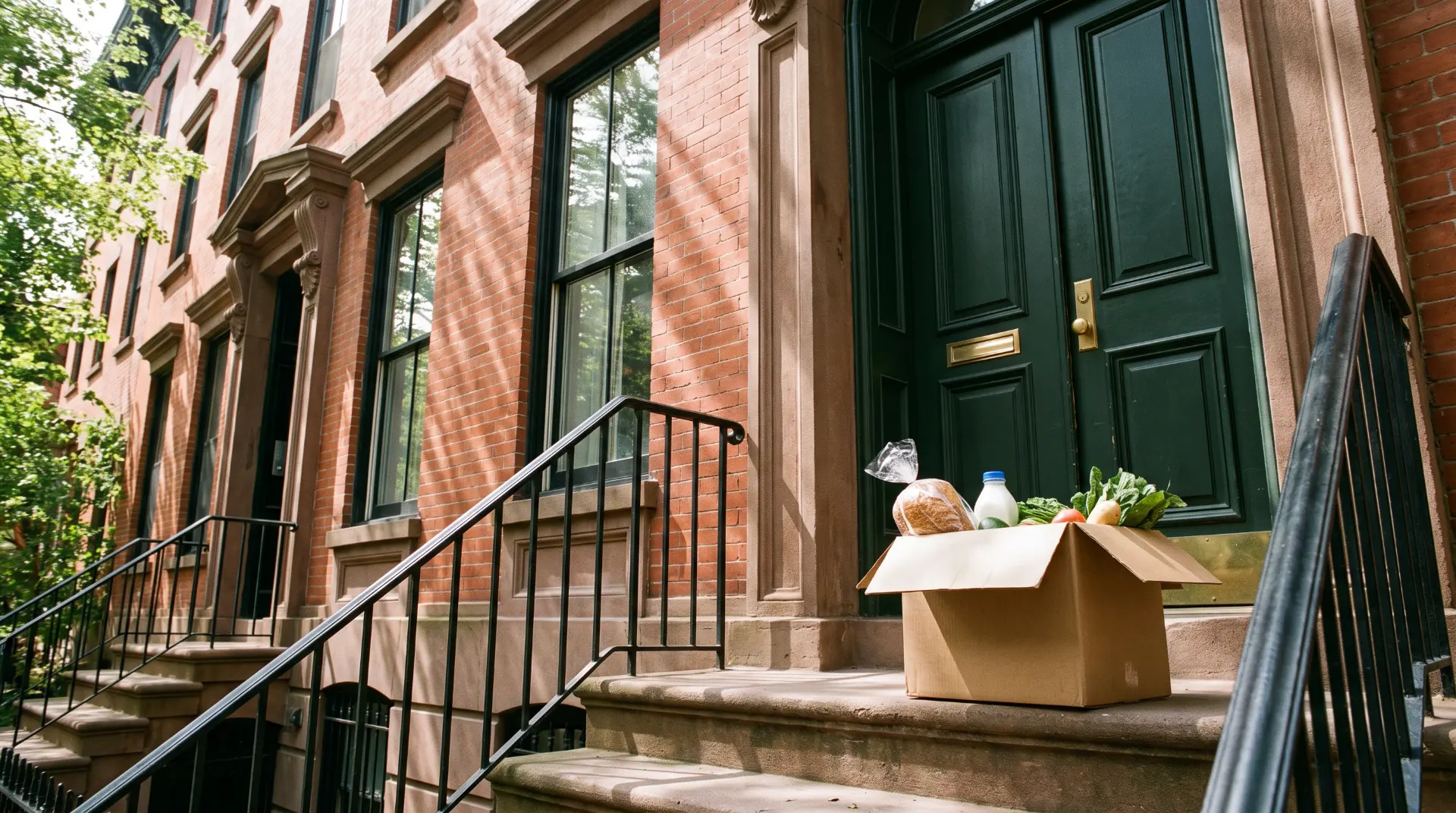 A Wellbox delivery box of fresh groceries on the stoop of a New York City brownstone
